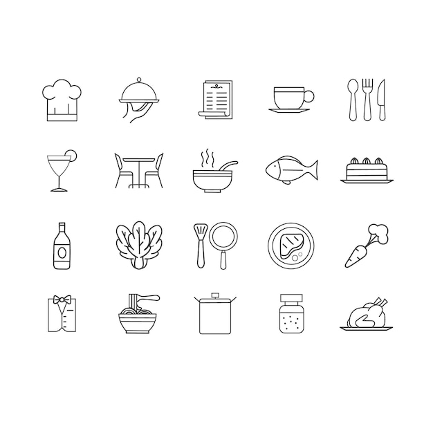 una colección de diferentes iconos, incluidos iconos de restaurantes de comida y bebidas