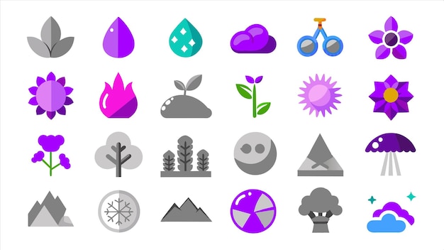 una colección de diferentes iconos incluyendo una flor púrpura un árbol y una flor pórpura