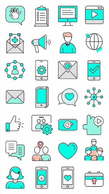 una colección de diferentes iconos incluyendo un hombre y una mujer con un teléfono en el fondo