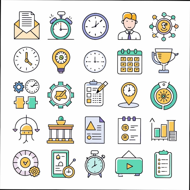 una colección de diferentes iconos incluyendo un reloj un reloj y un reloj