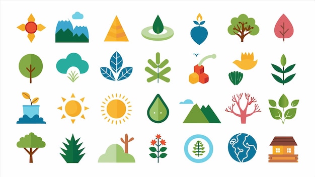 una colección de diferentes iconos que incluyen árboles de sol y montañas