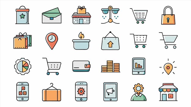 una colección de diferentes iconos que incluyen un carrito de compras un carrillo de compras y un carro de compras