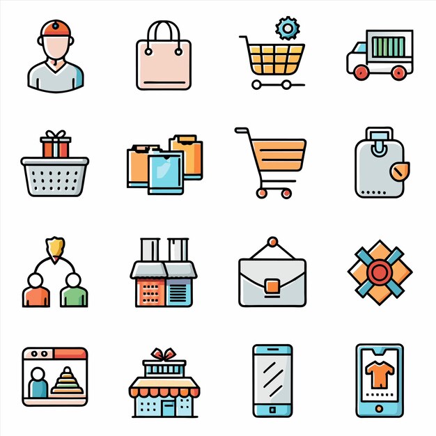 una colección de diferentes iconos que incluyen un carrito de compras un carrillo de compras y un carro de compras