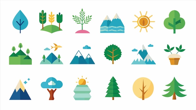 una colección de diferentes ilustraciones de montañas y árboles