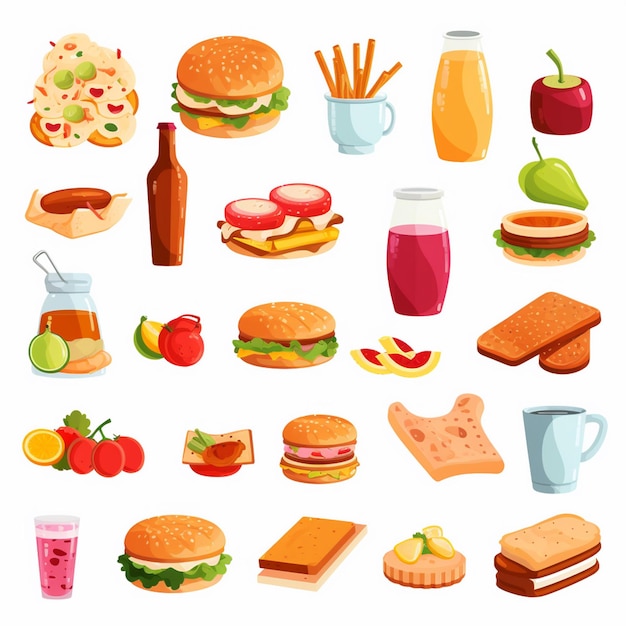 una colección de diferentes imágenes de alimentos, incluida una fruta de sándwich y una botella de jugo