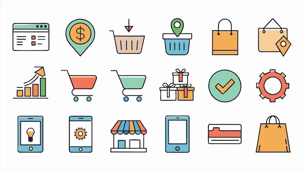 una colección de diferentes imágenes de cosas, incluyendo un carrito de compras un carrillo de compras y una compra
