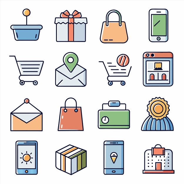 una colección de diferentes imágenes, incluida una cesta de compras y compras