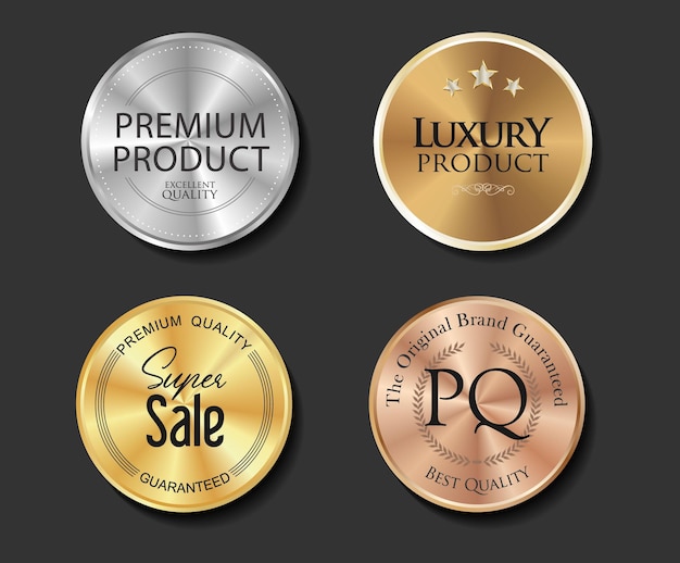 Colección de diferentes insignias de calidad premium con degradado cónico de color dorado