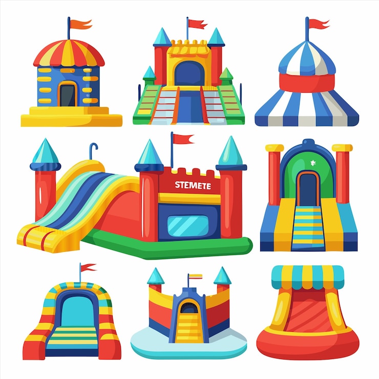 Vector una colección de diferentes juguetes de colores, incluido un castillo y la palabra danza