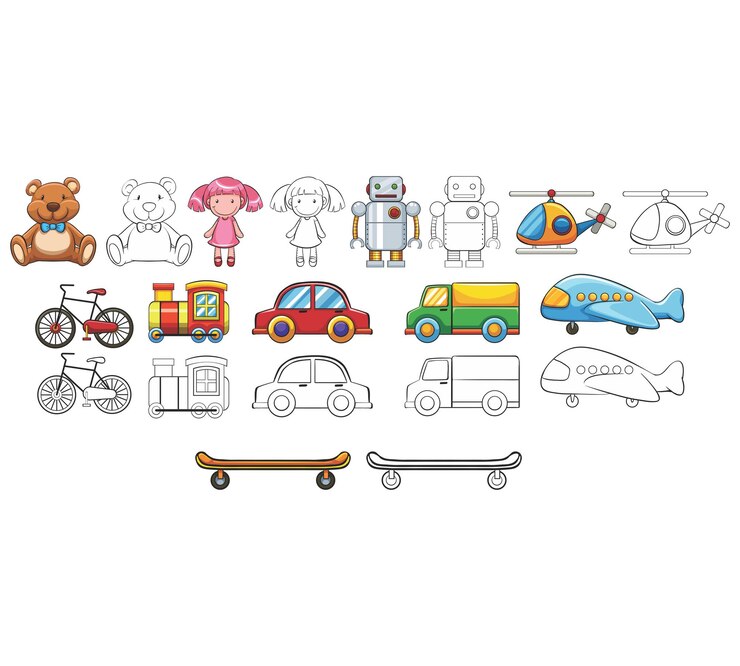 Vector una colección de diferentes juguetes, incluido uno que dice robot