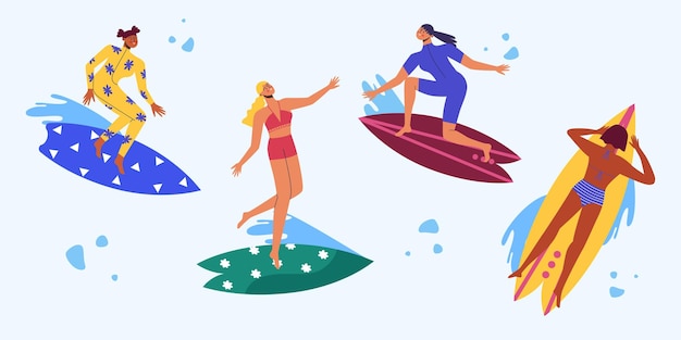 Vector colección de diferentes mujeres en el ocio de surf.