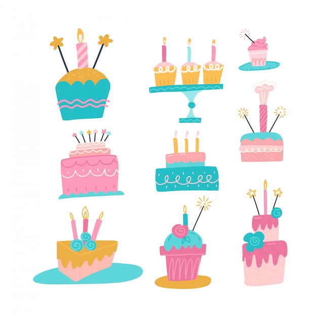 Colección de diferentes pasteles con velas. Establecer iconos de vacaciones. Feliz cumpleaños, fiesta. Dulces, postres, chocolate. Ilustración de dibujado a mano plana.
