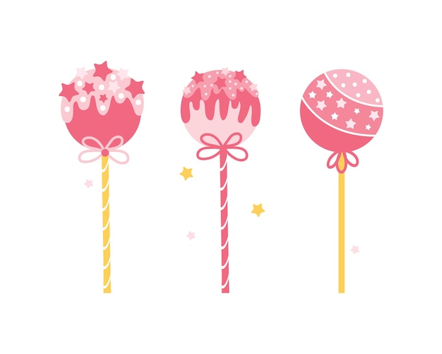 Colección de diferentes piruletas rosas redondas aisladas. Cake pops en palo con chispas. Caramelos en estilo de dibujos animados.