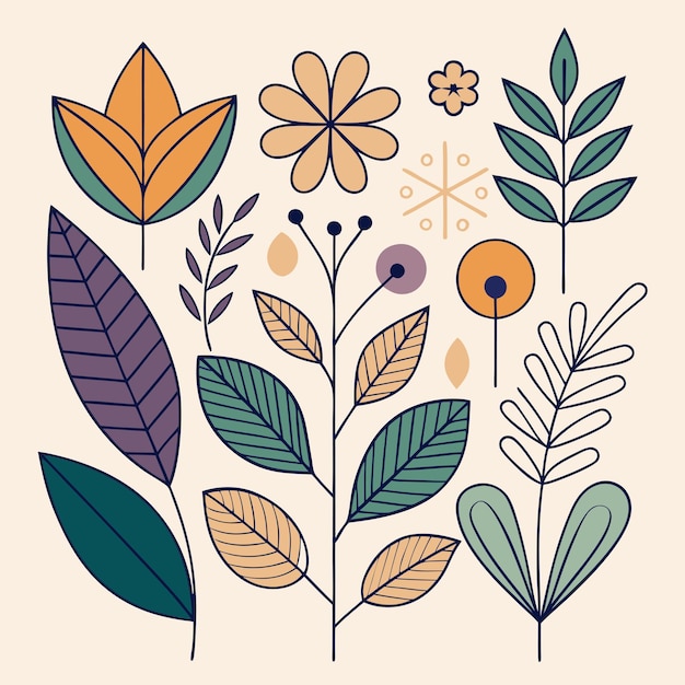 una colección de diferentes plantas, incluidas hojas y flores