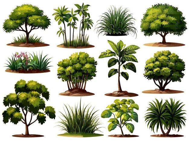 una colección de diferentes plantas, incluidas plantas y árboles