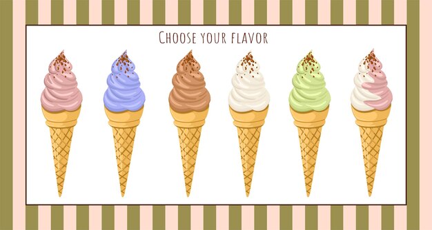 Colección de diferentes sabores de helado suave postre dulce Ilustración vectorial