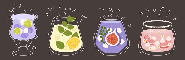 Colección con diferentes sabores limonada varias formas de vasos menta de limón fruta de higo fresa y pétalos de limón toronja ilustración vectorial en contorno y color plano sobre fondo oscuro
