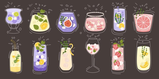 Colección con diferentes sabores de limonada y varias formas de vasos