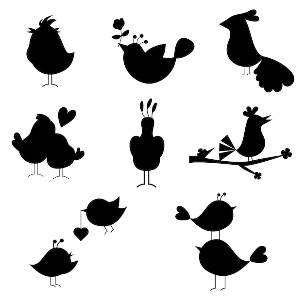 Colección de diferentes siluetas de pájaros de dibujos animados Vector