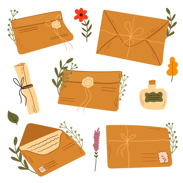 Colección de diferentes sobres con correo. vector ilustración plana. conjunto de varias letras de papel artesanal. sobres de correo. postales, sobres, cartas de papel artesanal y sobres para correo. tarjetas postales