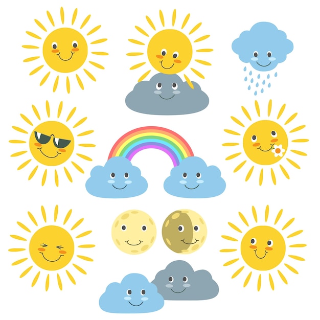 una colección de diferentes soles y arco iris incluyendo sol rainbo divertida caricatura sol luna anw y sol
