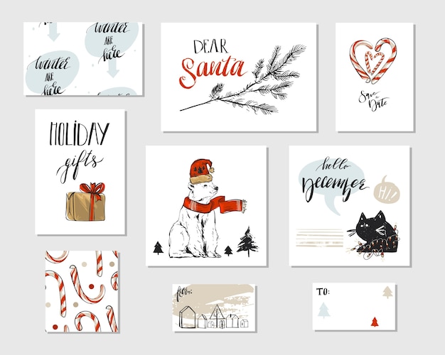 Colección de diferentes tarjetas de felicitación de Navidad hechas a mano con oso polar, bastones de caramelo, brunch de árbol de Navidad, gato negro gracioso, cajas de regalo y caligrafía de Navidad moderna