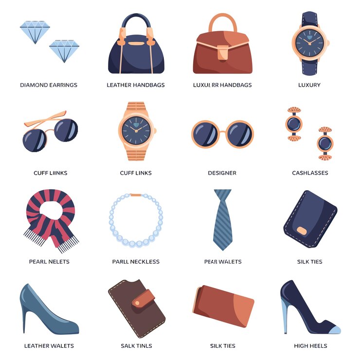 Vector una colección de diferentes tipos de accesorios, incluidos un reloj y un reloj