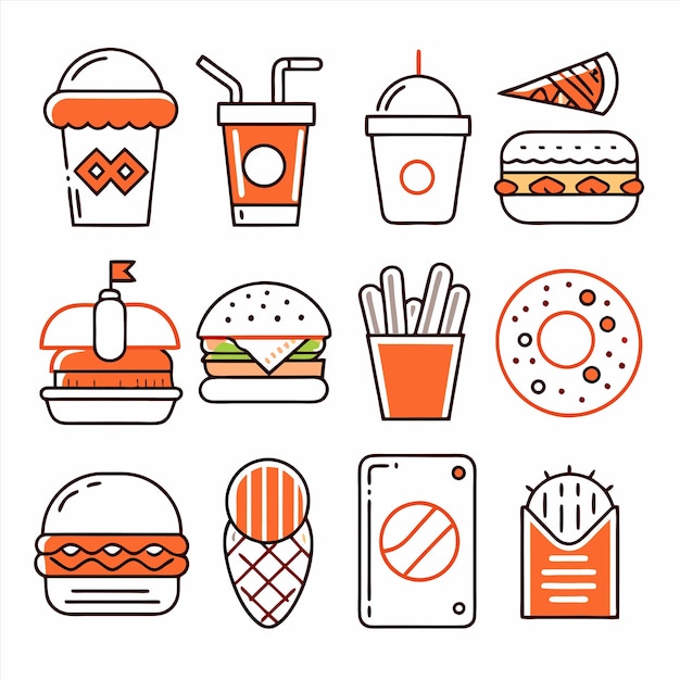 una colección de diferentes tipos de alimentos, incluidas hamburguesas y bebidas