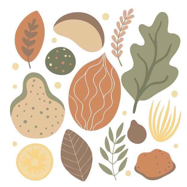 una colección de diferentes tipos de alimentos, incluidas hojas y hojas