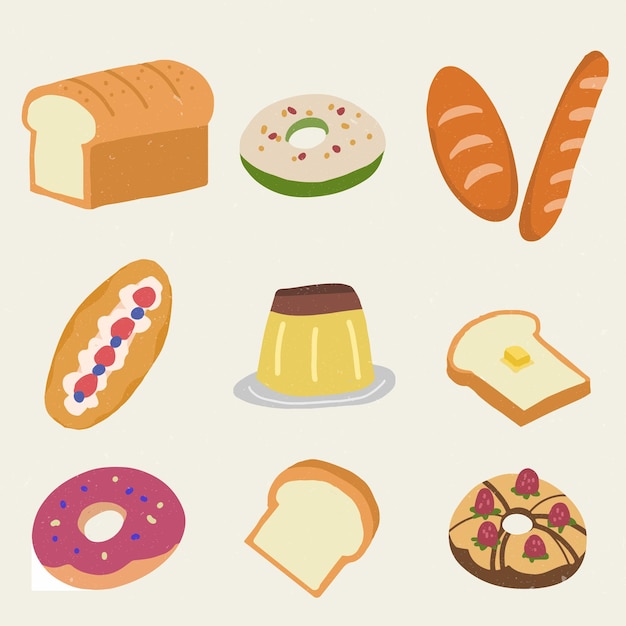 una colección de diferentes tipos de alimentos, incluidos donuts de pan y donuts
