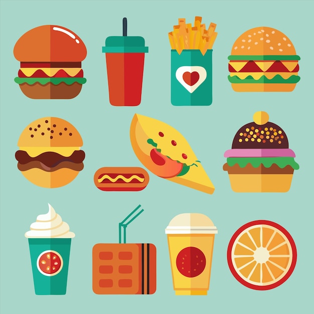una colección de diferentes tipos de alimentos, incluidos hamburguesas, café y café