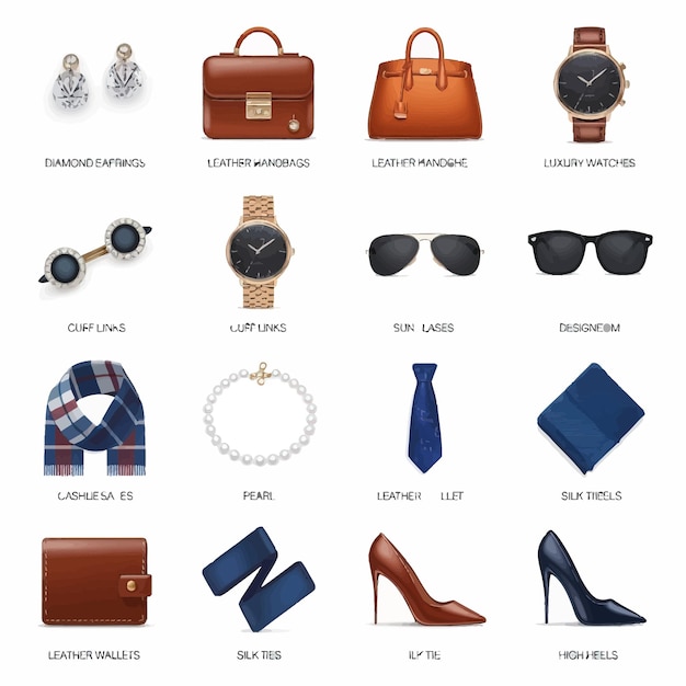 una colección de diferentes tipos de bolsas, incluido un reloj y un reloj