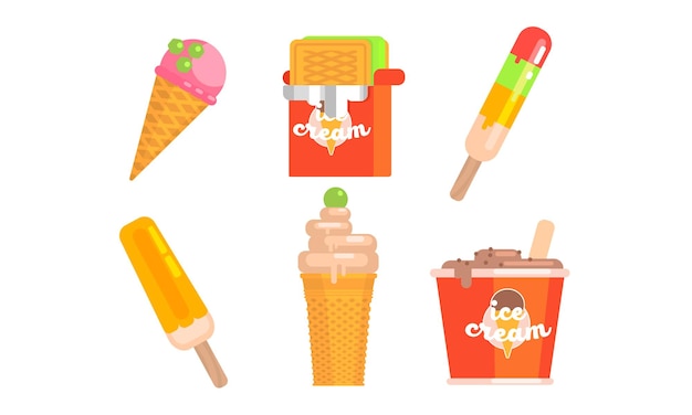 Vector colección de diferentes tipos de helados tasty ice cream scoop waffle cone popsicle ilustración vectorial en fondo blanco