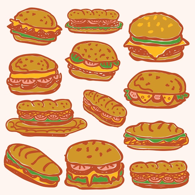 una colección de diferentes tipos de sándwiches incluyendo un perrito caliente