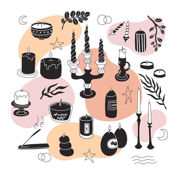 Colección con diferentes tipos de velas aromáticas y elementos de formas simples.