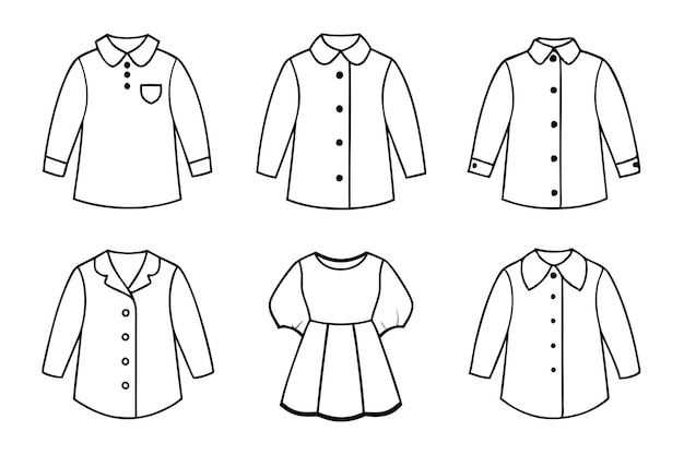 una colección de diferentes uniformes, incluida una camisa con un cuello blanco y un botón en la parte delantera
