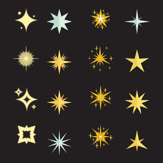 Colección de diferentes vectores de estrellas brillantes abstractas brillantes símbolos de destello decorativo un brillo