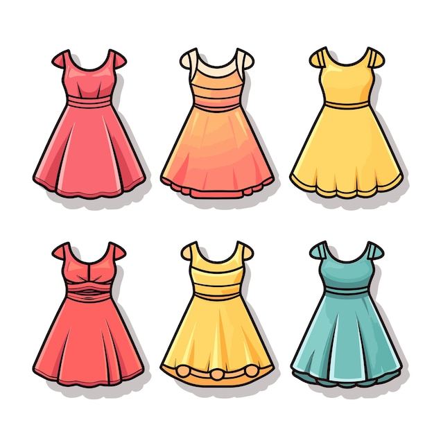 Una colección de diferentes vestidos incluyendo uno con diferentes colores.