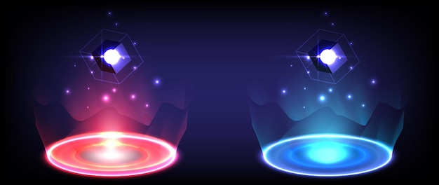 Colección digital de alta tecnología de ciencia ficción en el brillante portal de holograma de HUD de la ciencia futurista Puerta de urdimbre mágica en el juego Fantasía Tecnología abstracta Podio de teletransporte circular Neón rojo y azul
