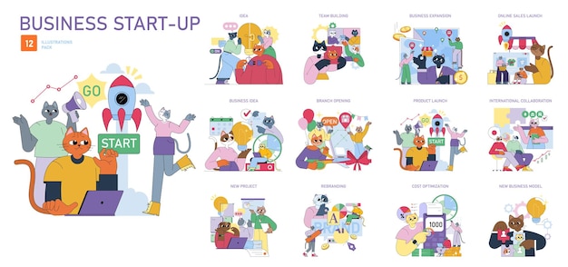Una colección dinámica y atractiva de ilustraciones que muestran varios aspectos de la creación de empresas