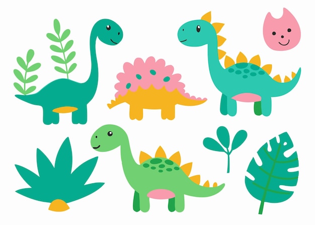 Colección de dinosaurios animales de dibujos animados y plantas en estilo doodle sobre fondo blanco