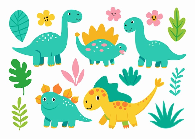 Colección de dinosaurios animales de dibujos animados y plantas en estilo doodle sobre fondo blanco