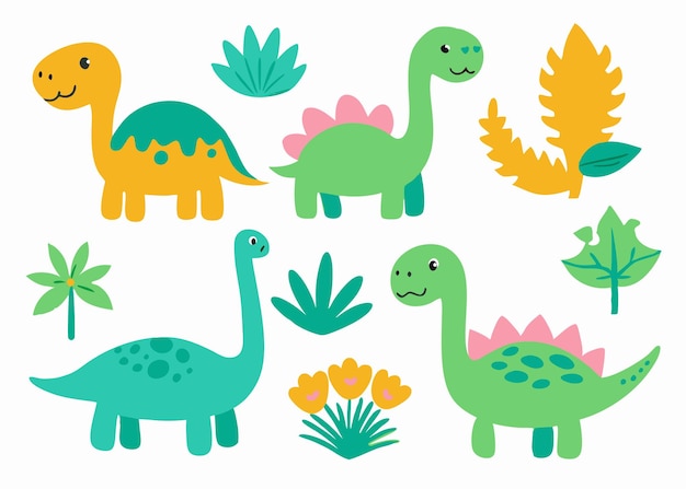 Colección de dinosaurios animales de dibujos animados y plantas en estilo doodle sobre fondo blanco