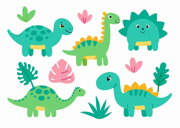 Colección de dinosaurios animales de dibujos animados y plantas en estilo doodle sobre fondo blanco
