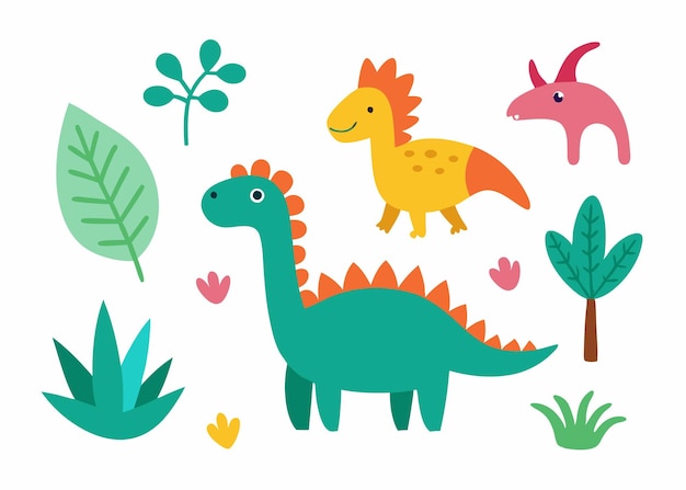 Colección de dinosaurios animales de dibujos animados y plantas en estilo doodle sobre fondo blanco