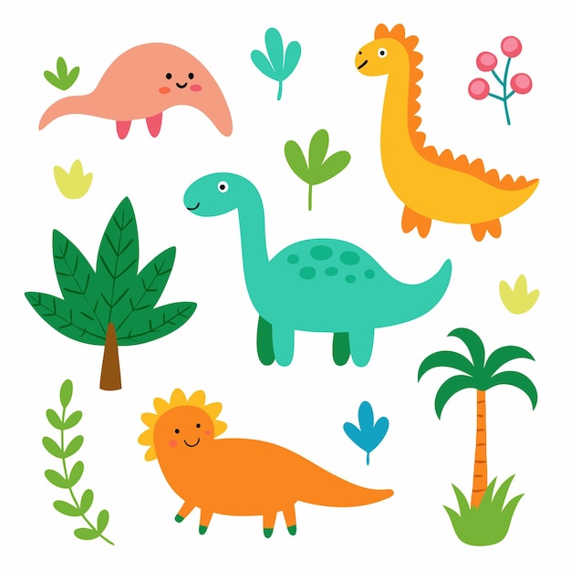 Colección de dinosaurios animales de dibujos animados y plantas en estilo doodle sobre fondo blanco