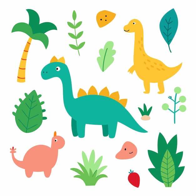 Colección de dinosaurios animales de dibujos animados y plantas en estilo doodle sobre fondo blanco