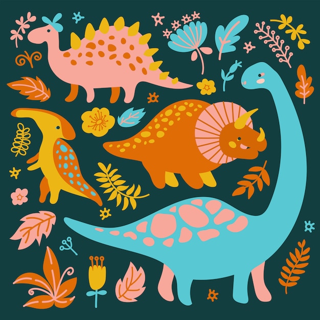 Colección de dinosaurios animales de dibujos animados prehistóricos grunge ilustración vectorial para imprimir