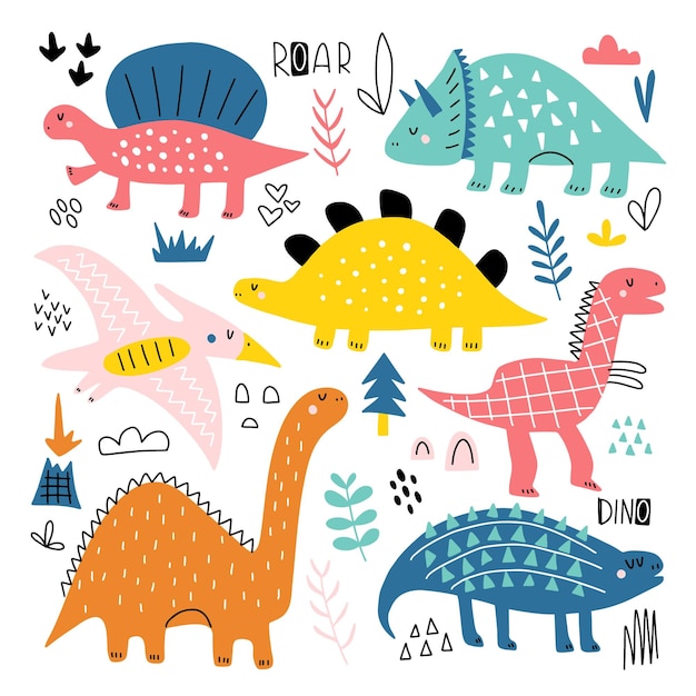 Colección de dinosaurios de dibujos animados divertidos Ilustración vectorial
