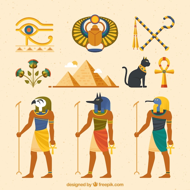 Colección de dioses y símbolos egipcios con diseño plano